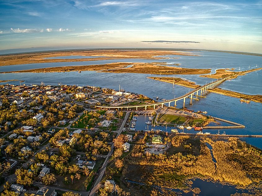 Aerial view of Apalachicola, a small coastal community on the Gulf of Mexico in Florida's Panhandle.