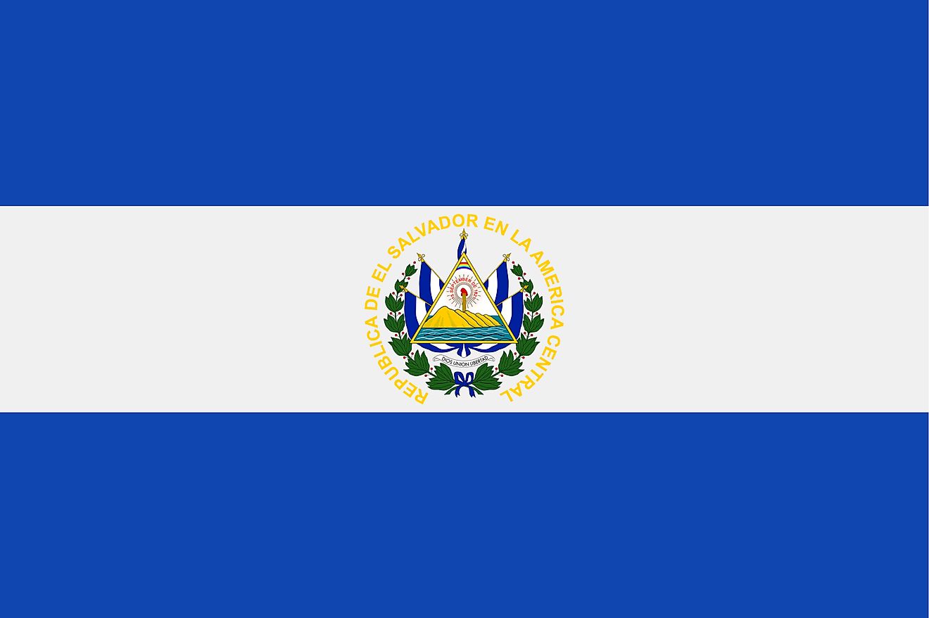 The National Flag of El Salvador features three equal horizontal bands of cobalt blue (top), white, and cobalt blue with the national coat of arms centered in the white band. 