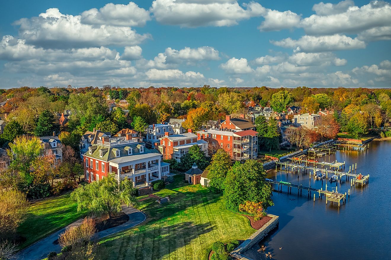 Aerial summer view of colonial Chestertown on the Chesapeake Bay in Maryland, USA.