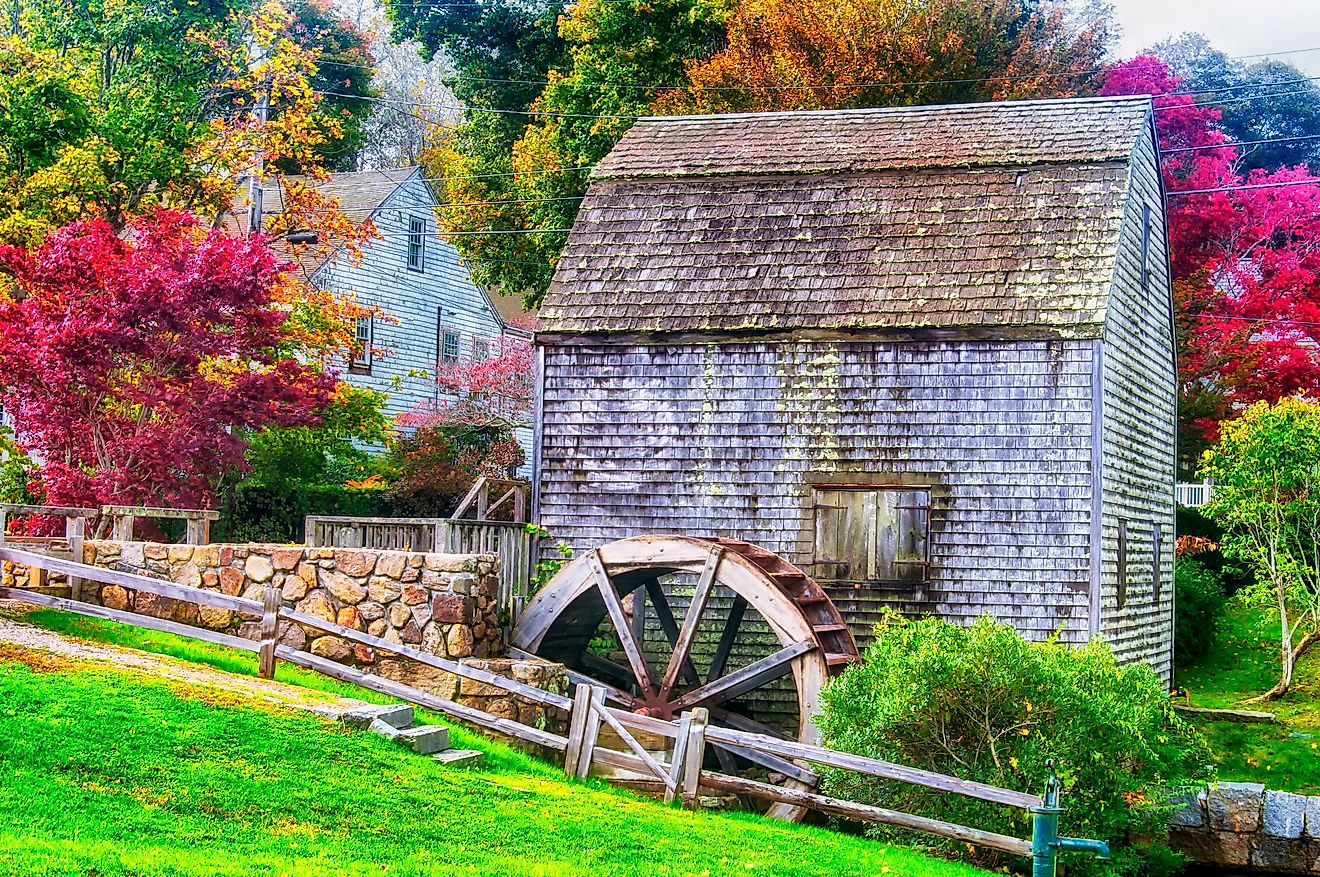 Dexter Grist Mill and water wheel landmark in Sandwich, Massachusetts, New England.