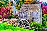 Dexter Grist Mill and water wheel landmark in Sandwich, Massachusetts, New England.