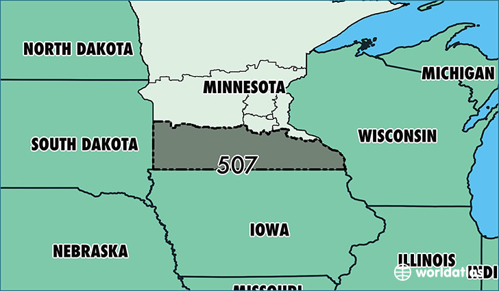 Map of Minnesota with area code 507 highlighted
