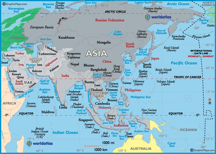 Asia Map - Map of Asia, Asia Maps of Landforms Roads Cities Counties