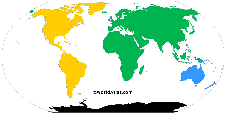 Colored map of the world with the four continents model. Each color represents a continent: Green for Afro-Eurasia, Yellow for America, Blue for Australia / Oceania, and Black for Antarctica.