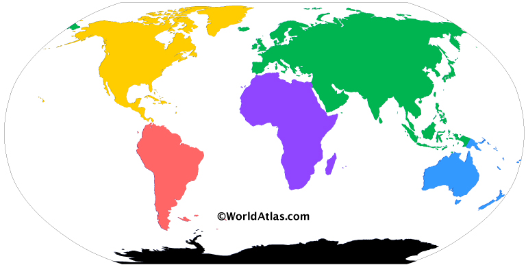 Colored map of the world with a version of the six continents model. Each color represents a continent: Purple for Africa, Green for Eurasia, Yellow for North America, Red for South America, Blue for Australia / Oceania, and Black for Antarctica.