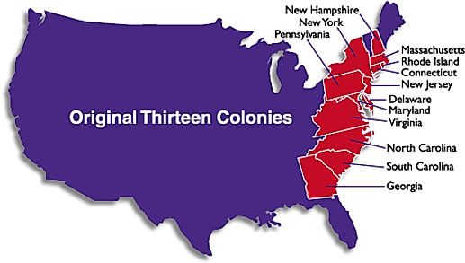 Map of the original 13 colonies of the United States