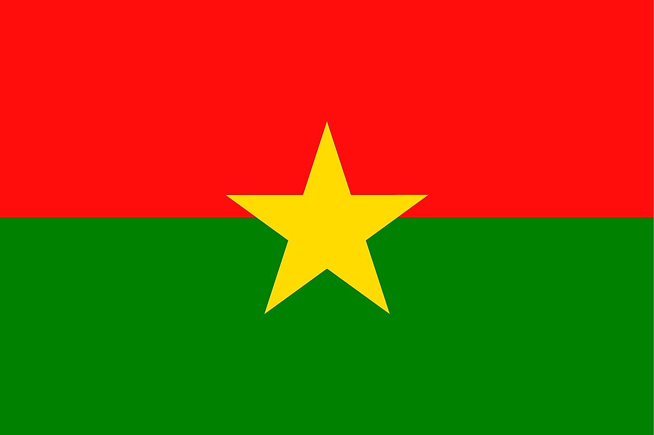 The National Flag of Burkina Faso featuring two equal horizontal bands of red (top) and green with a yellow five-pointed star in the center.