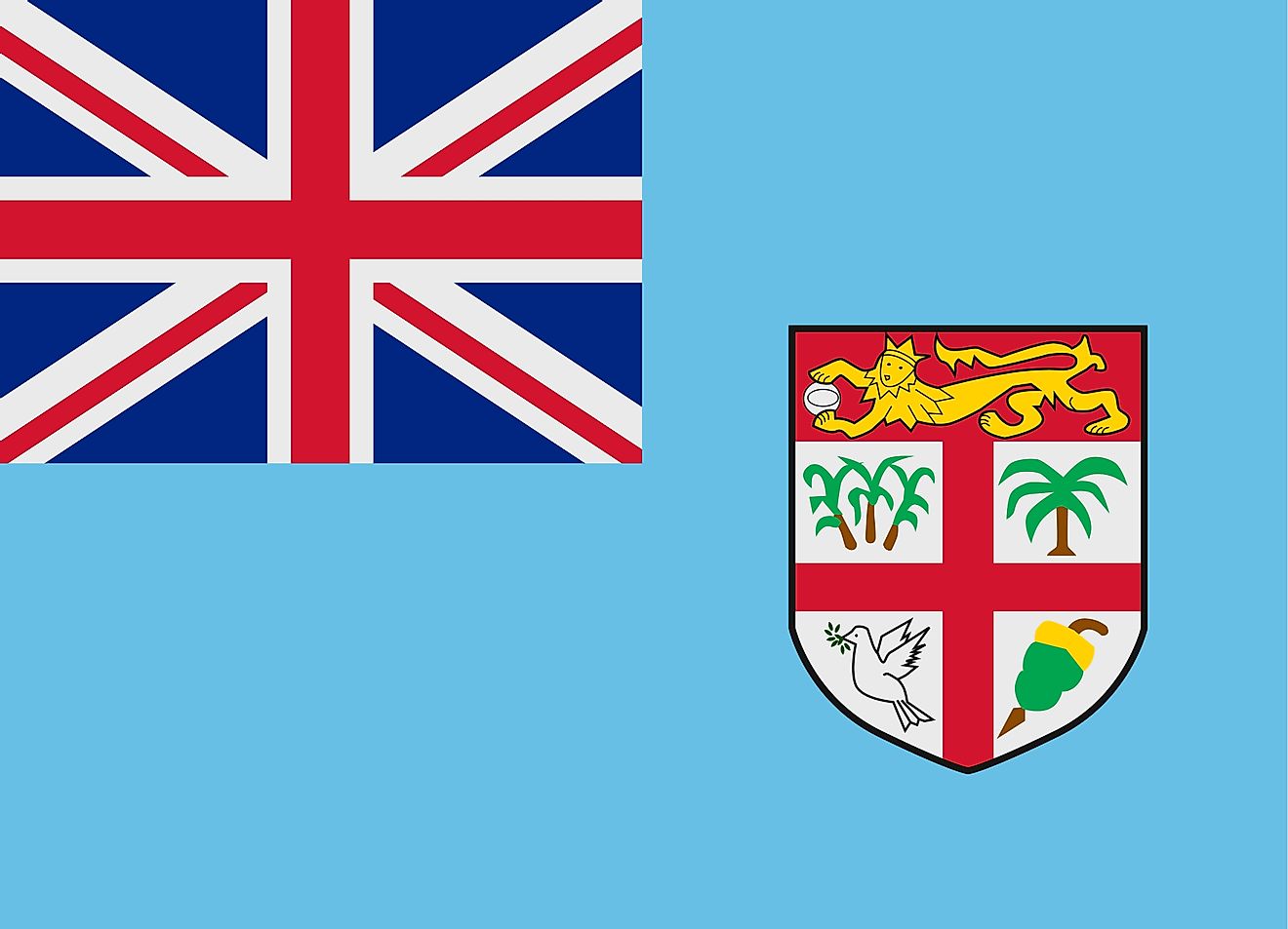 Flag of Fiji has a light blue background and features the British Union Jack on the upper hoist-side and a shield on the fly side.
