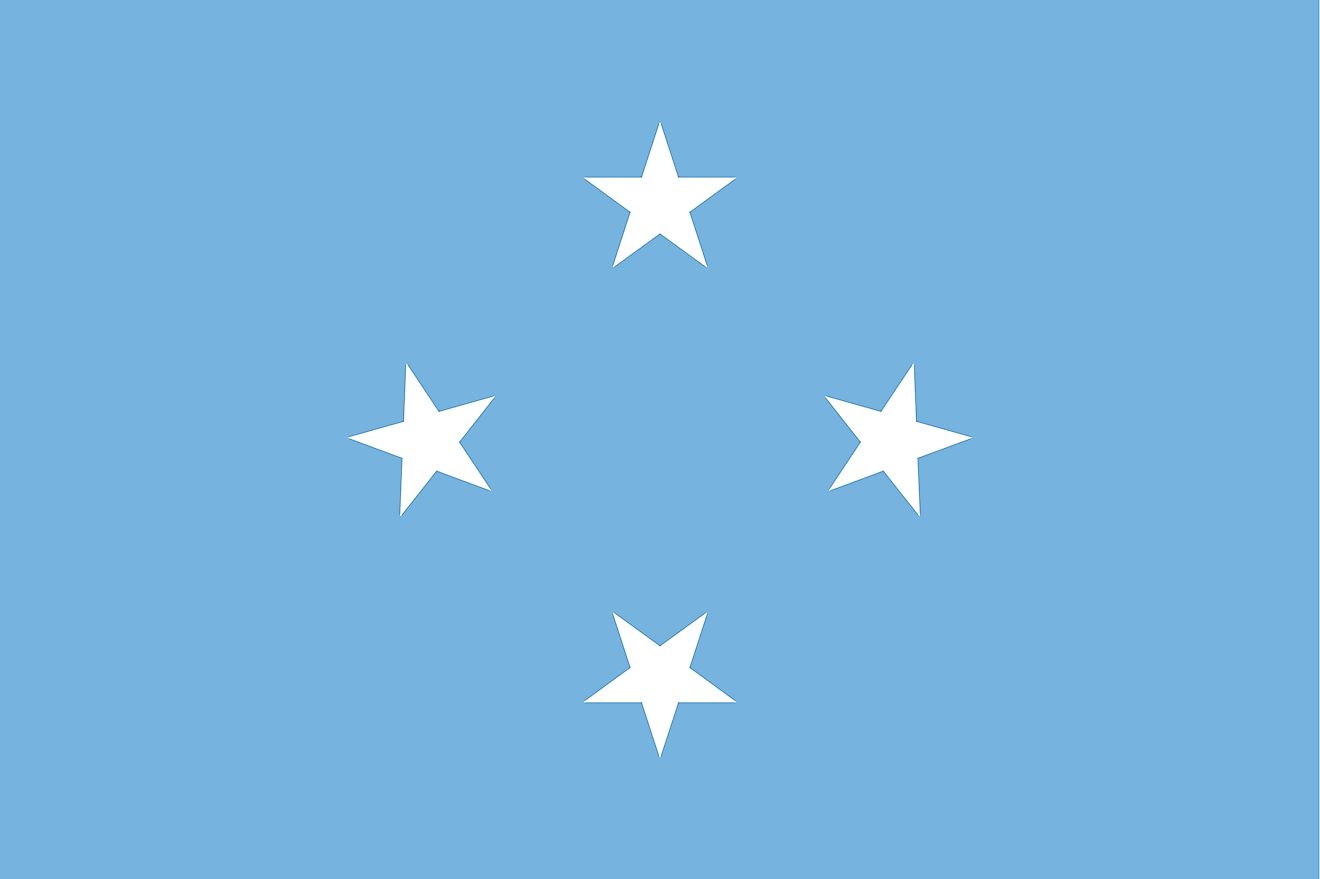 The National Flag of Micronesia features a light blue background with four white five-pointed stars positioned at the center and arranged in a diamond pattern.