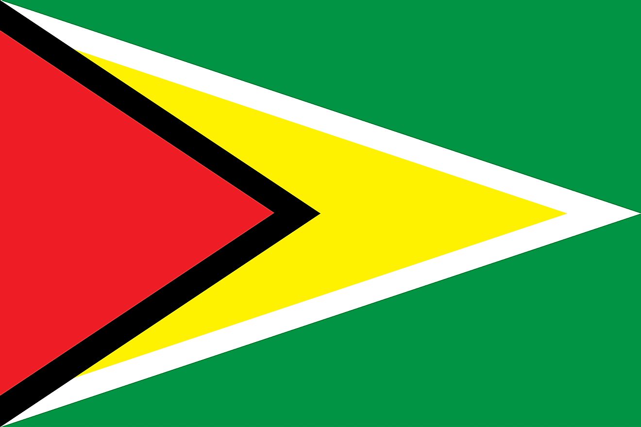 The flag of Guyana features a large green field with red isosceles triangle and black borders superimposed on golden triangle whose edges are white.