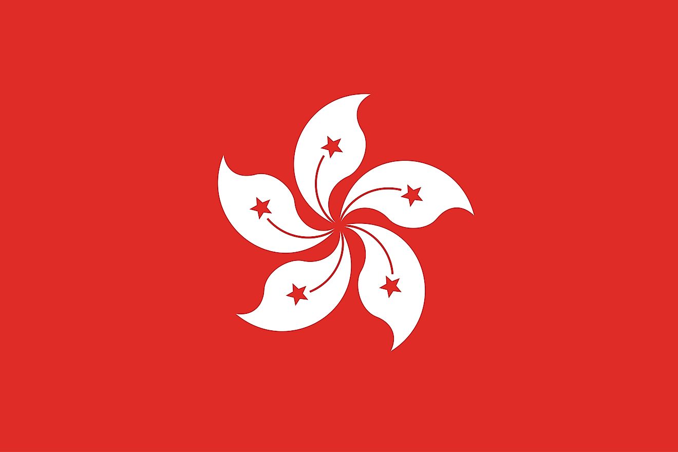 The regional flag of Hong Kong is a stylized white five-petal flower centered on a red background.