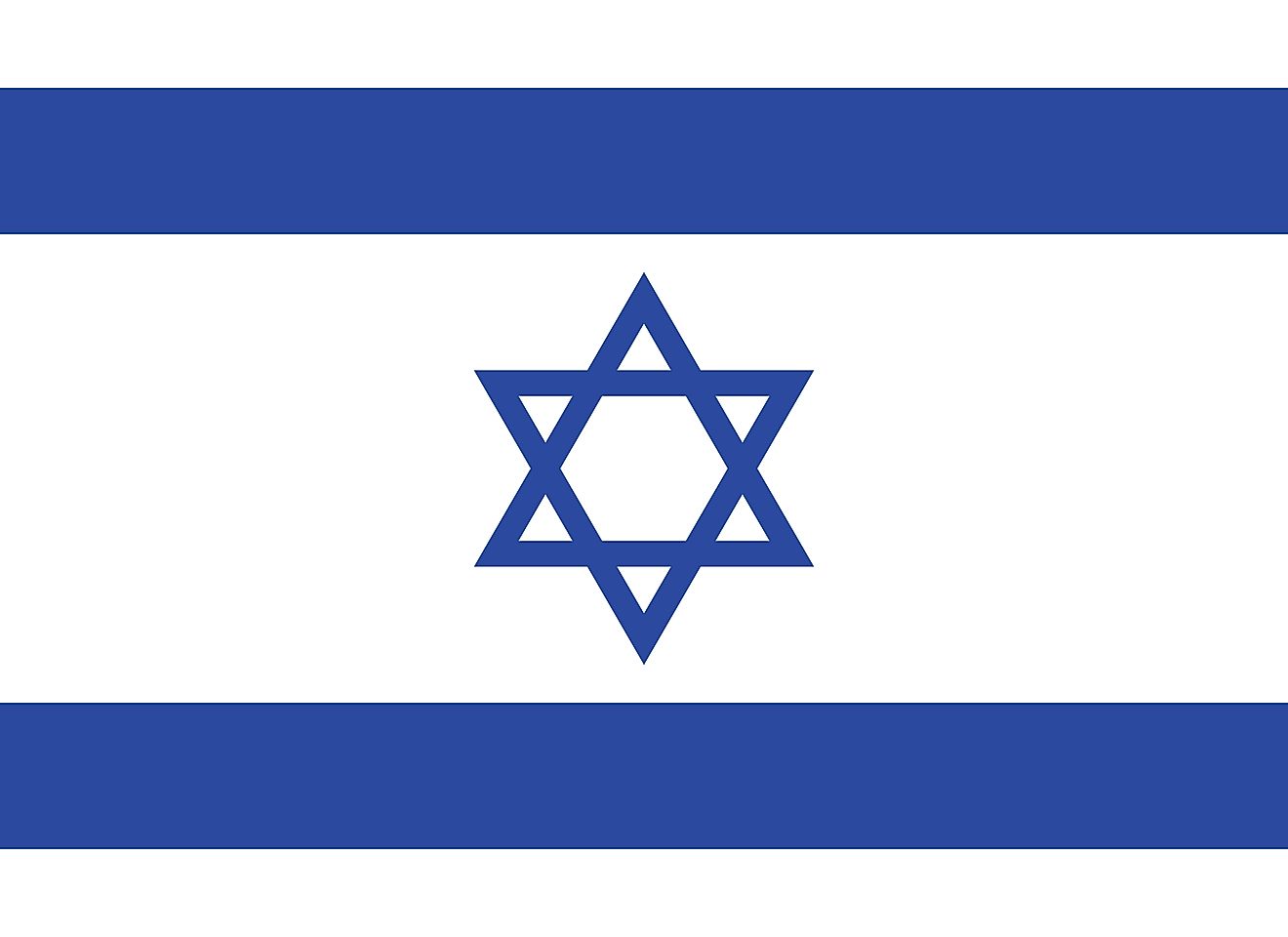 The flag of Israel  consists of white band with a blue hexagram centered between two equal horizontal blue bands