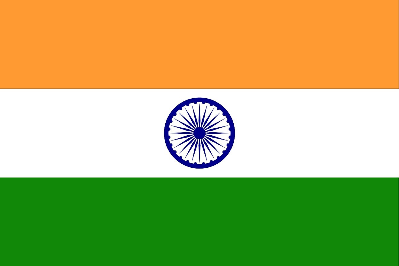 The flag of India is a tricolor flag of saffron (orange), white, and green horizontal bands with blue Ashoka Chakra centered on white.