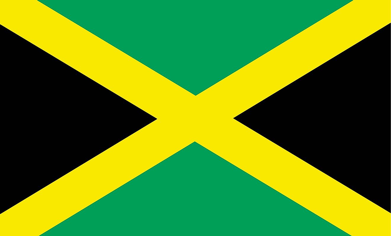 The flag of Jamaica consists of a gold saltire, which divides the flag into four triangles: two of them green (top and bottom) and two black (hoist and fly)