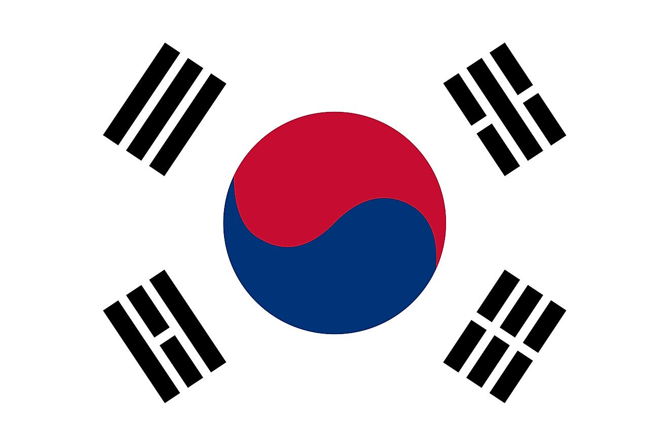 The national flag of South Korea consists of a white background and Taeguk at the center, surrounded by four trigram, one one each corner of the flag. 