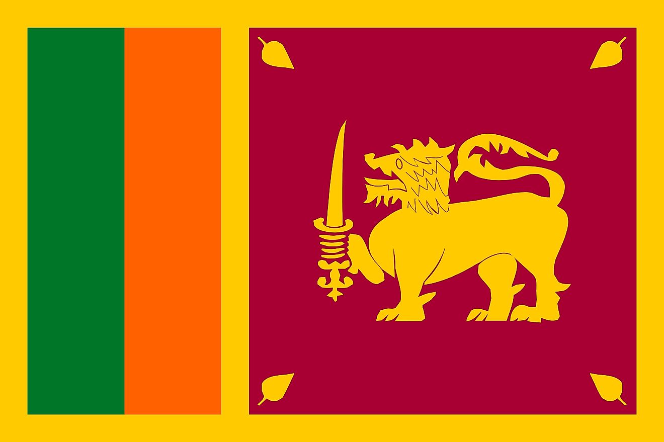  The flag of Sri Lanka consists of a golden yellow background with two equal vertical stripes of dark turquoise green (left) and orange (right) and maroon-colored rectangle with image of a golden lion.