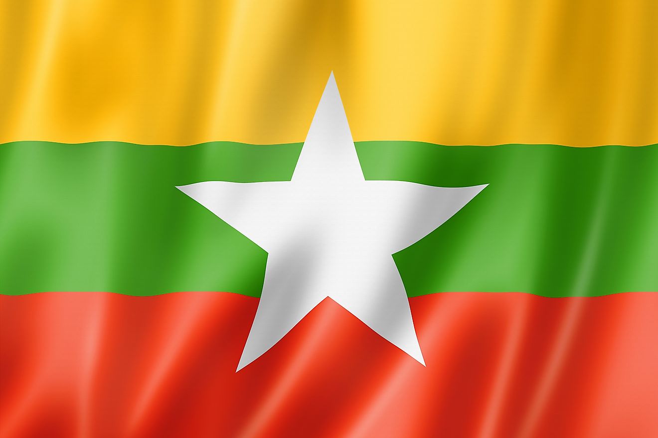 The national flag of Burma consists of three equal horizontal stripes of yellow (top), green, and red with a large white five-pointed star centered on green and partially overlaps onto the adjacent colored stripes
