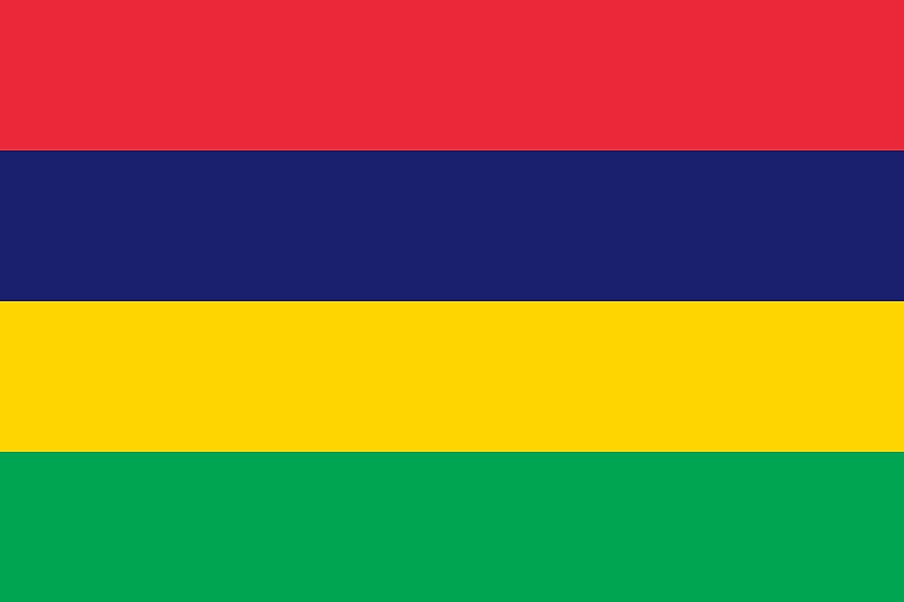 The flag of Mauritius, also known as Four Band, consists of four equal horizontal bands of red (top), blue, yellow, and green.