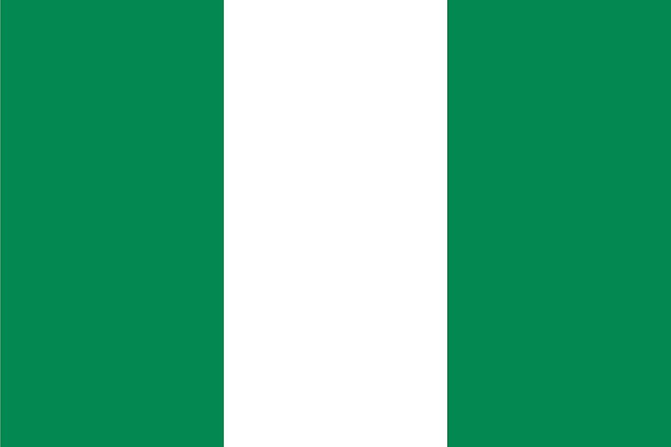 The national flag of Nigeria is a bicolor of three equal vertical bands of green (hoist), white, and green.