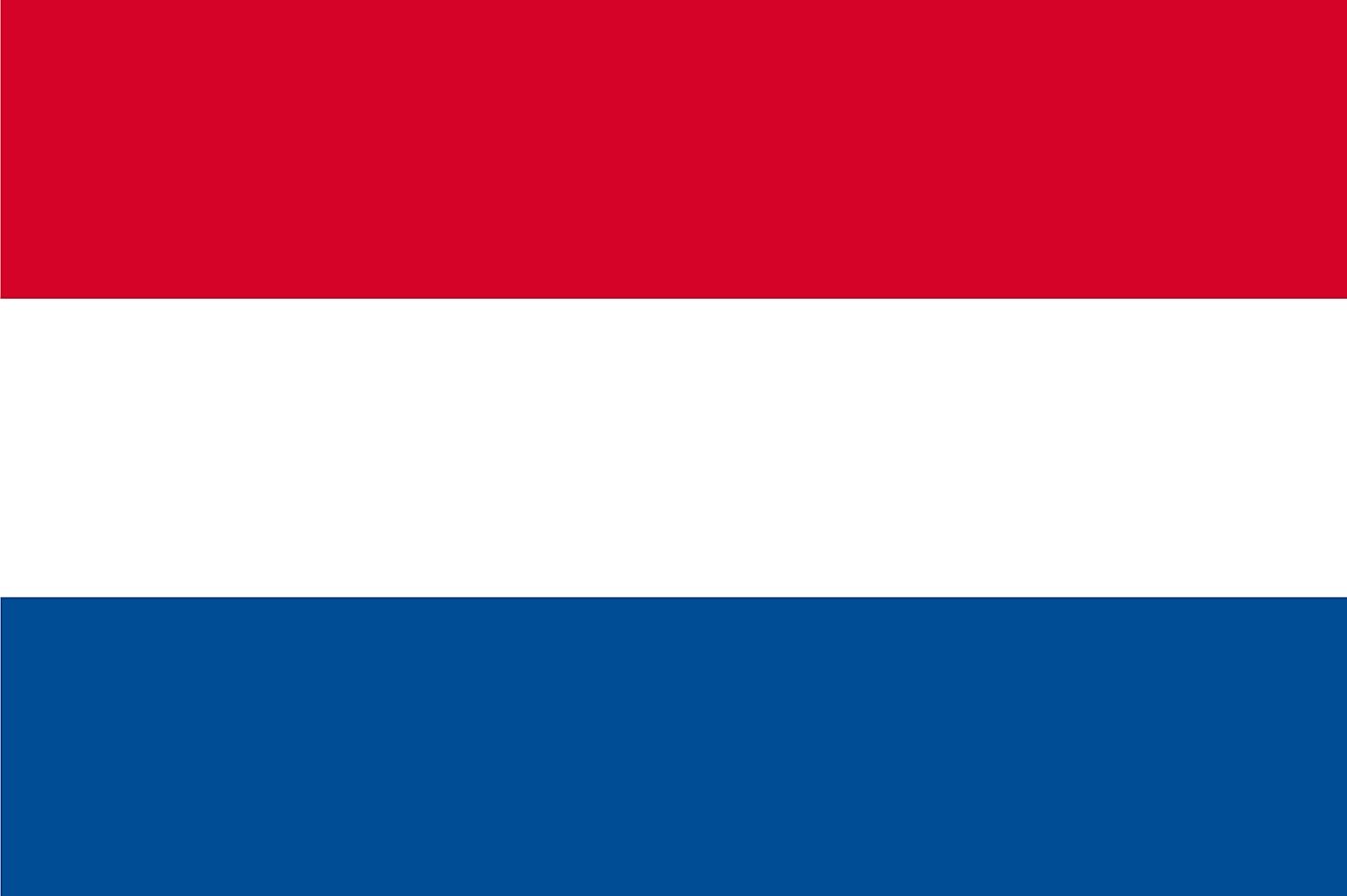 The national flag of the Netherlands is a tricolor of three equal horizontal bands of red (top), white, blue.