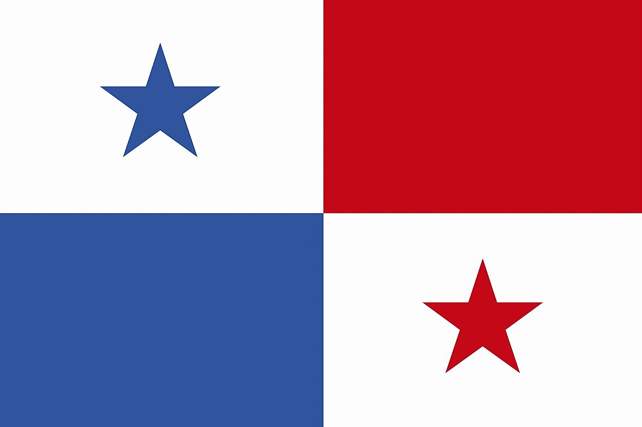 The flag of Panama consists of four equal rectangles of white (with 5-pointed blue star) and red on the upper quadrant, and blue and white (with 5-pointed red star) on the lower quadrant. 