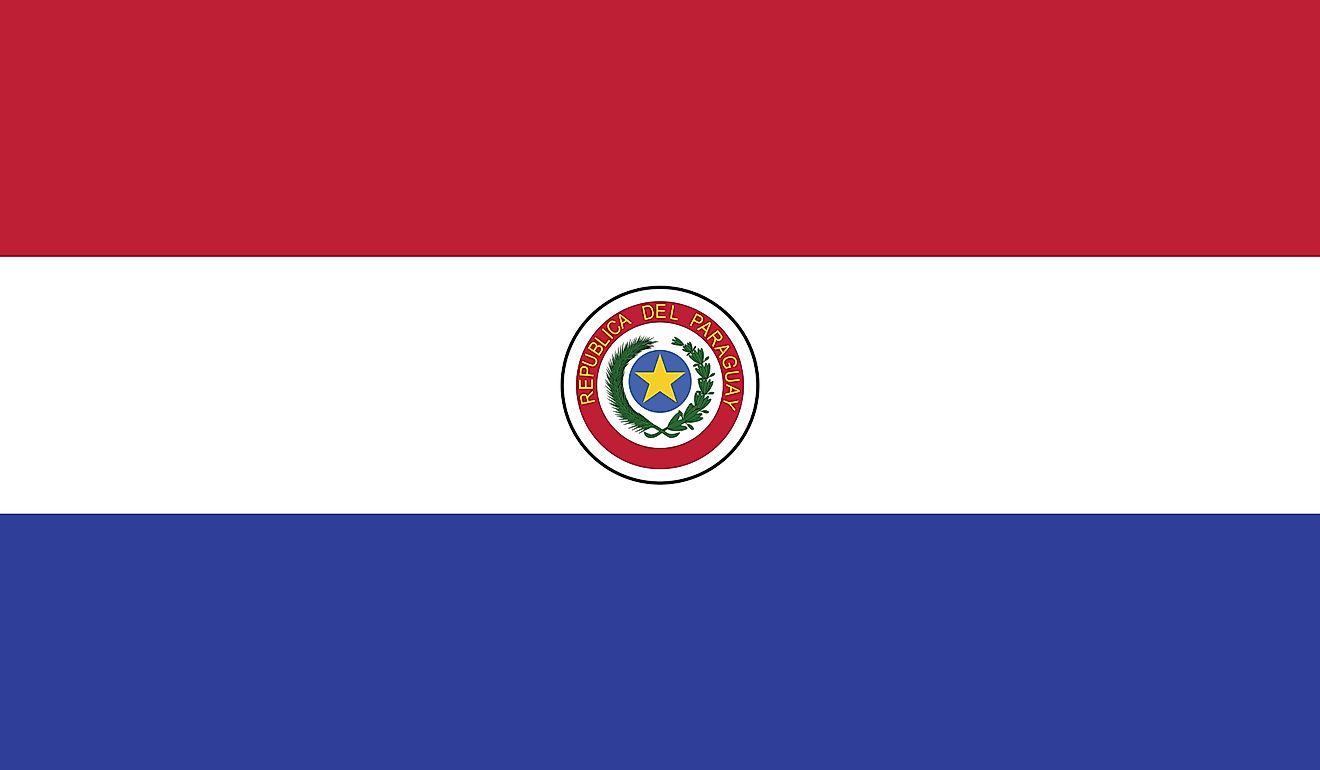The National Flag of Paraguay features three equal, horizontal bands of red (top), white, and blue with an emblem centered in the white band. The flag of Paraguay contains different designs on its obverse (front) and reverse (back) sides, which makes it u