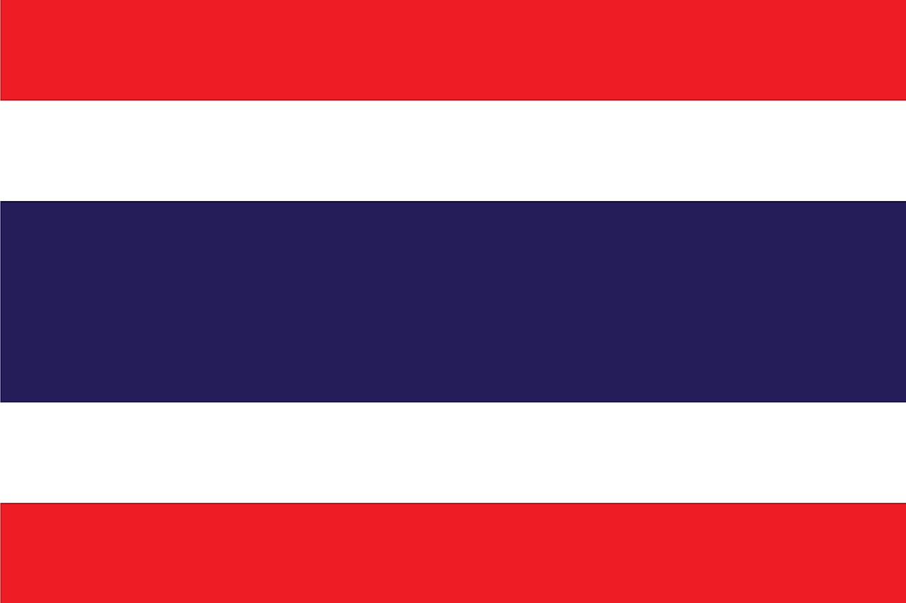 The National Flag of Thailand features five horizontal bands of red (top), white, blue (double width), white, and red.