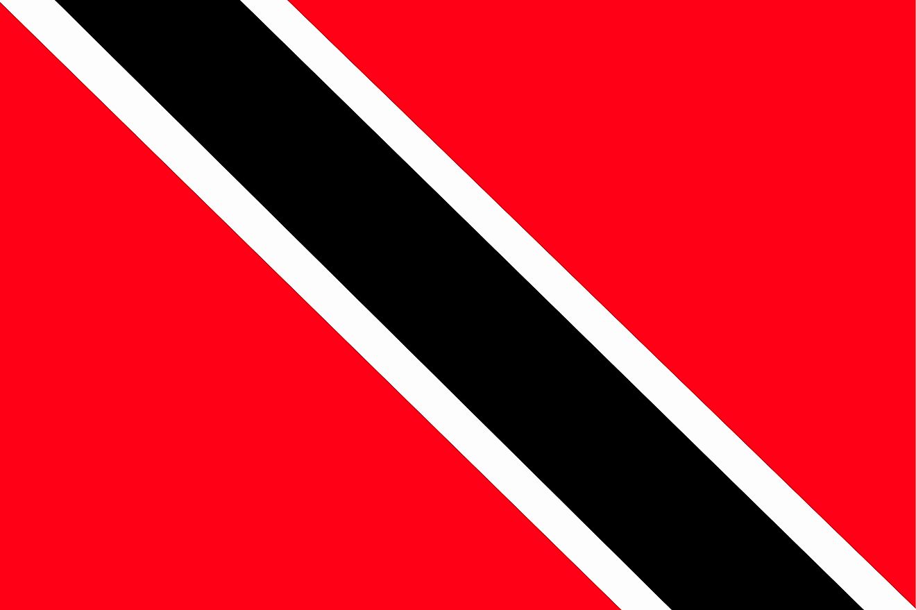 The National Flag of Trinidad and Tobago features a red background with a white-edged black diagonal band placed across the upper hoist-side to the lower fly side. 