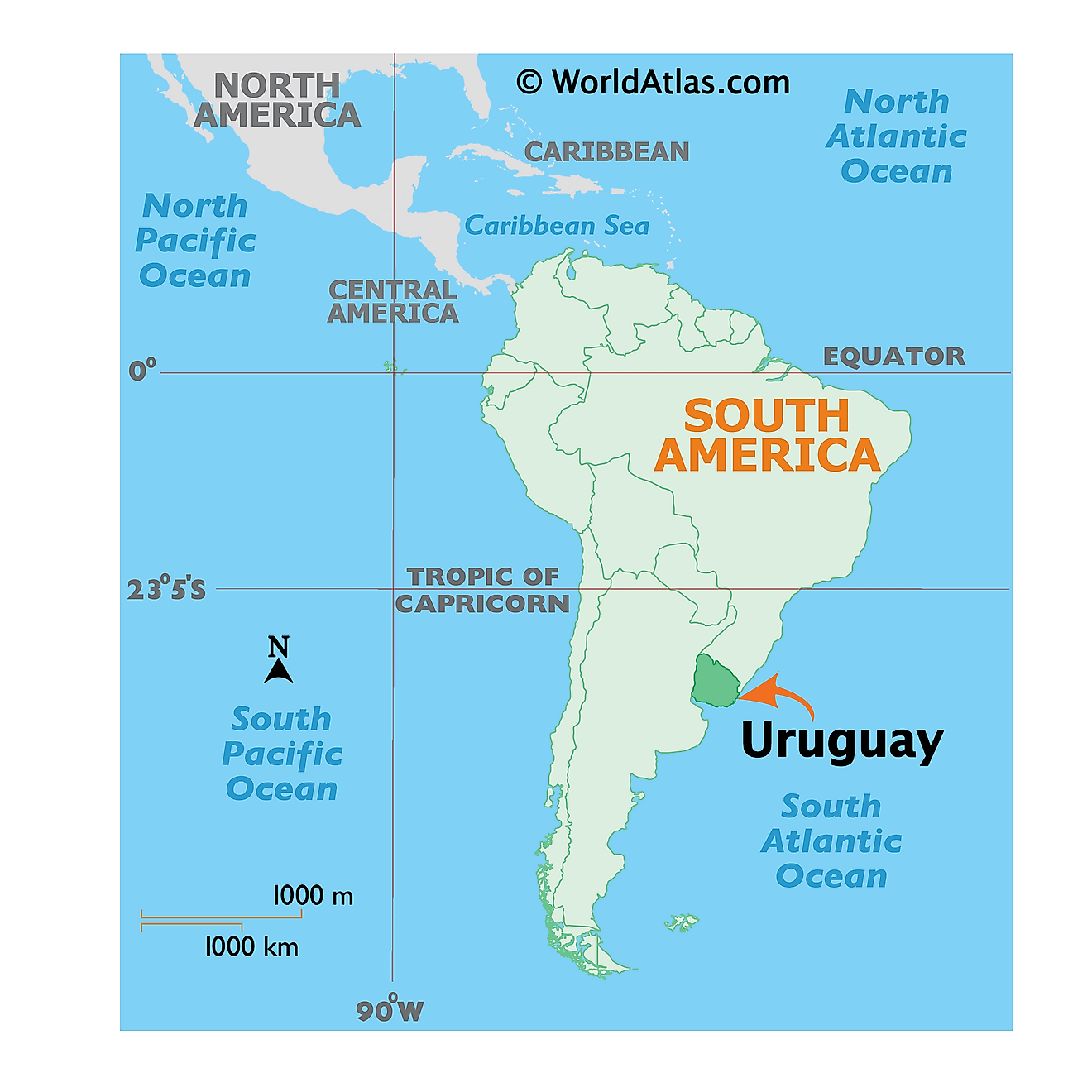 Map showing location of Uruguay in the world.