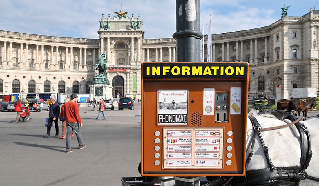 Tourist information in many languages at the Hofburg Palace in Vienna, Austria.  Editorial credit: Niradj / Shutterstock.com