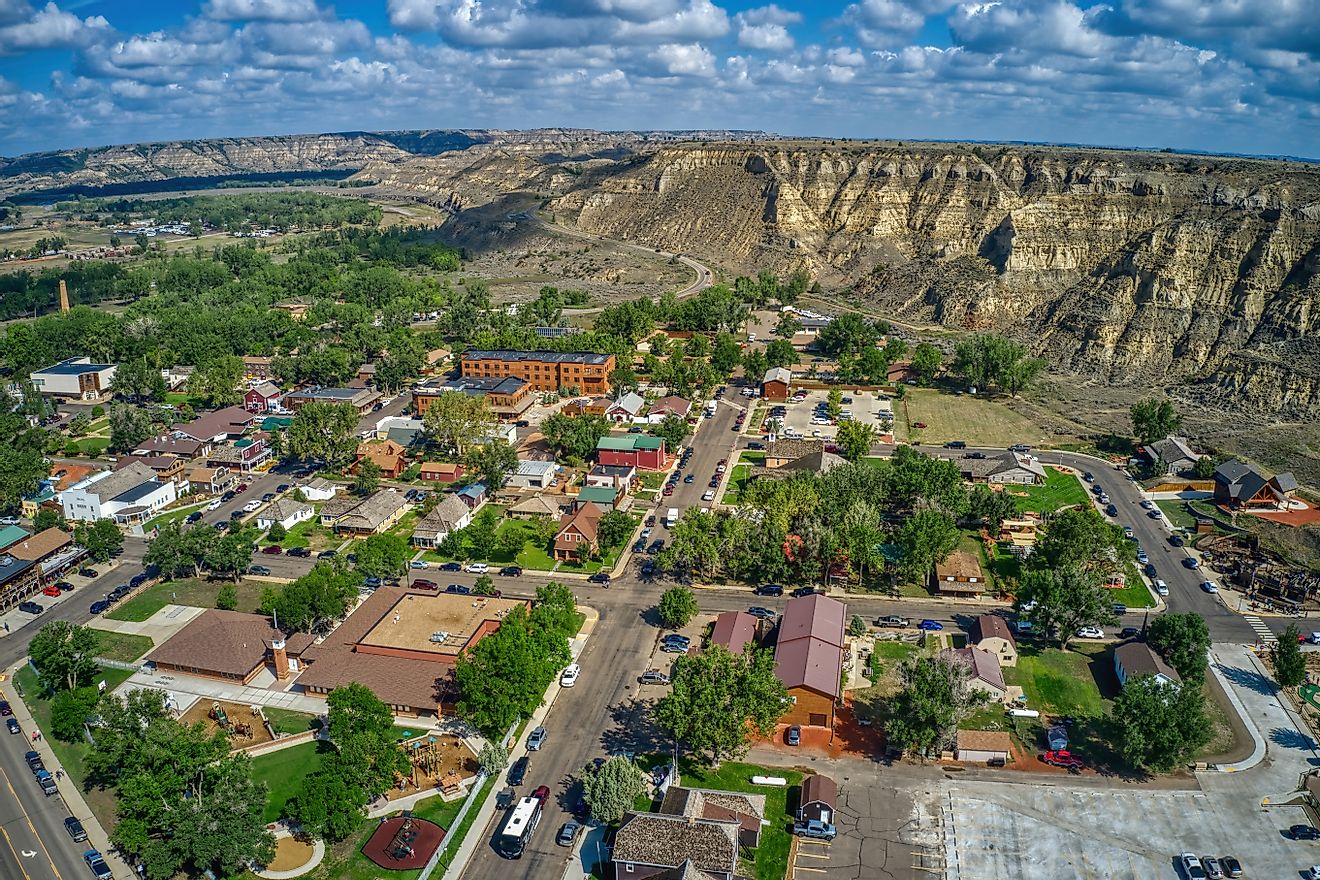 Aerial view of the tourist town of Medora, North Dakota, outside of Theodore Roosevelt National Park.