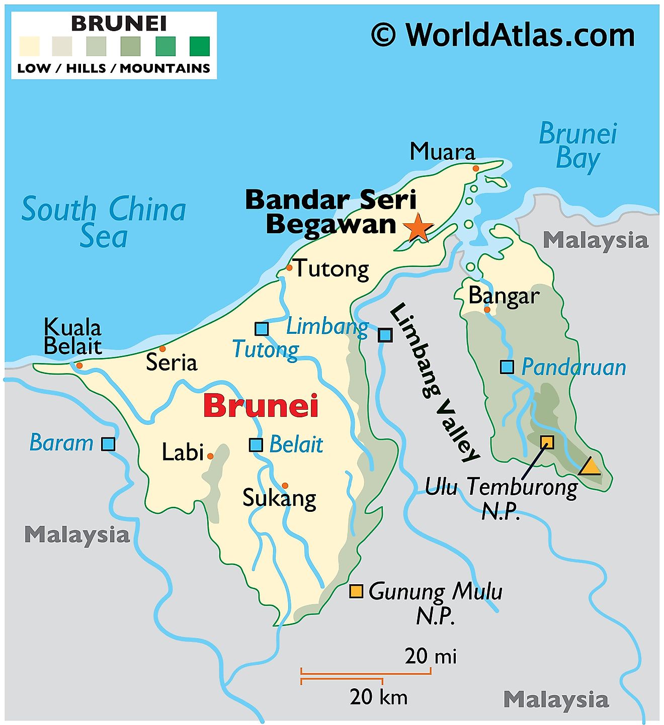 Physical Map of Brunei showing relief, major rivers, national park, South China Sea, bordering countries, major cities and towns, etc.