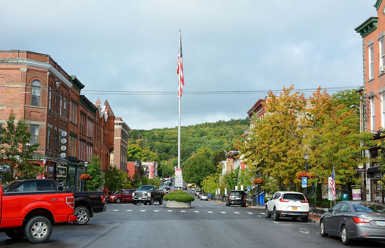 View of Main Street lined with brick buildings in Cooperstown, New York. Editorial credit: Steve Cukrov / Shutterstock.com