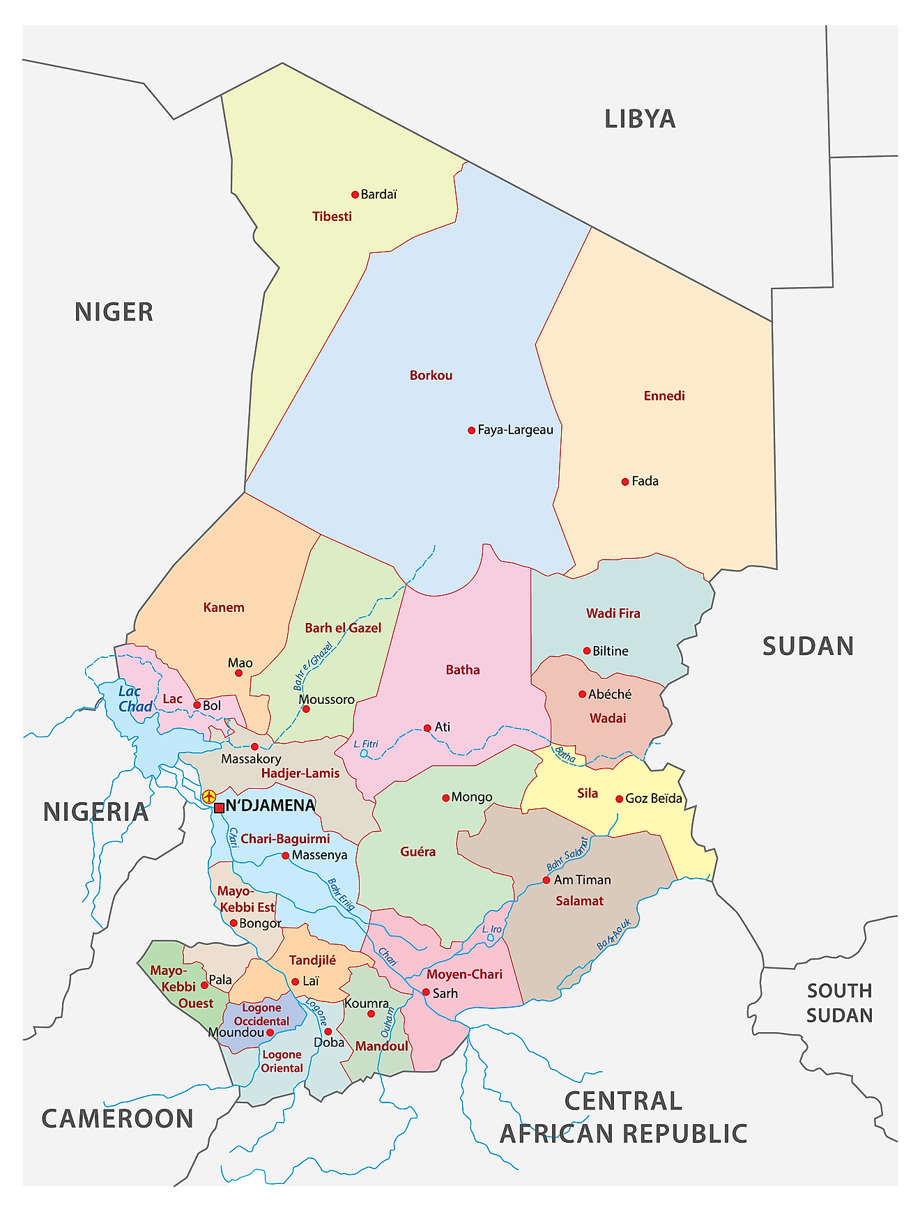 Political map of Chad showing the 23 regions of the country, their capital cities including the national capital of N’Djamena.