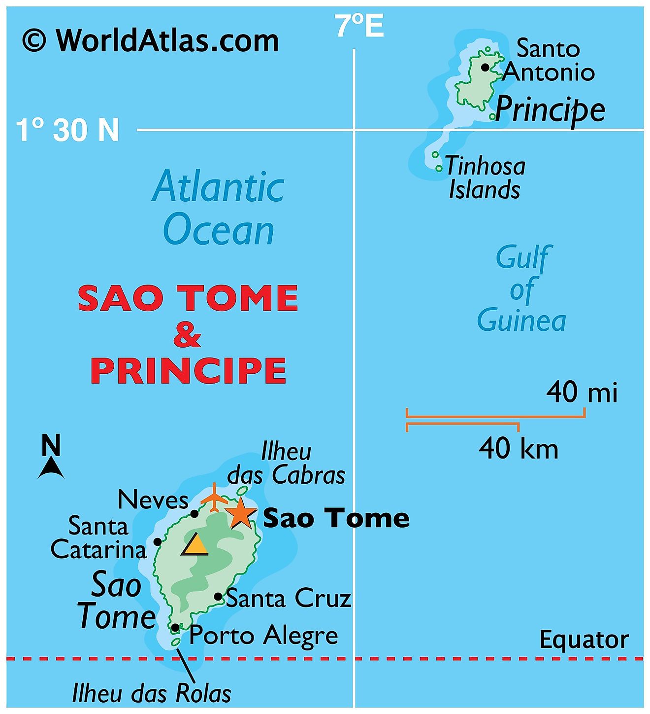 Physical map of Sao Tome and Principe showing its major islands, surrounding water bodies, relief, and relative location of major cities.