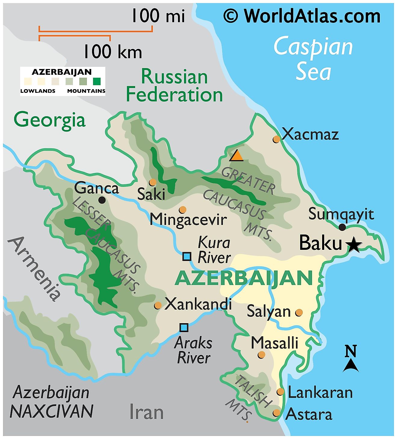 Physical Map of Azerbaijan showing state boundaries, relief, major rivers, mountain ranges, important cities, etc.