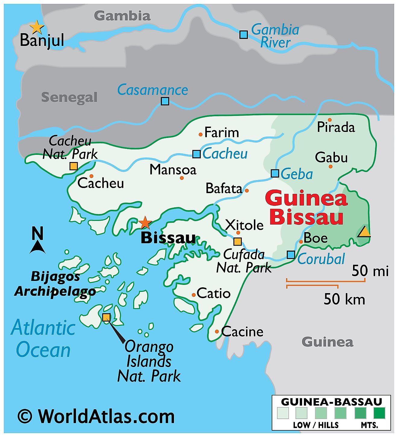 Physical Map of Guinea Bissau with state boundaries. It shows the physical features of Guinea-Bissau including terrain, rivers, islands, protected areas, and major cities.