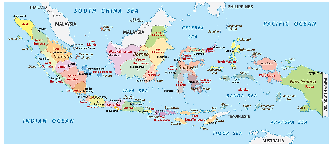 Administrative Map of Indonesia showing its 34 provinces and the capital city - Jakarta