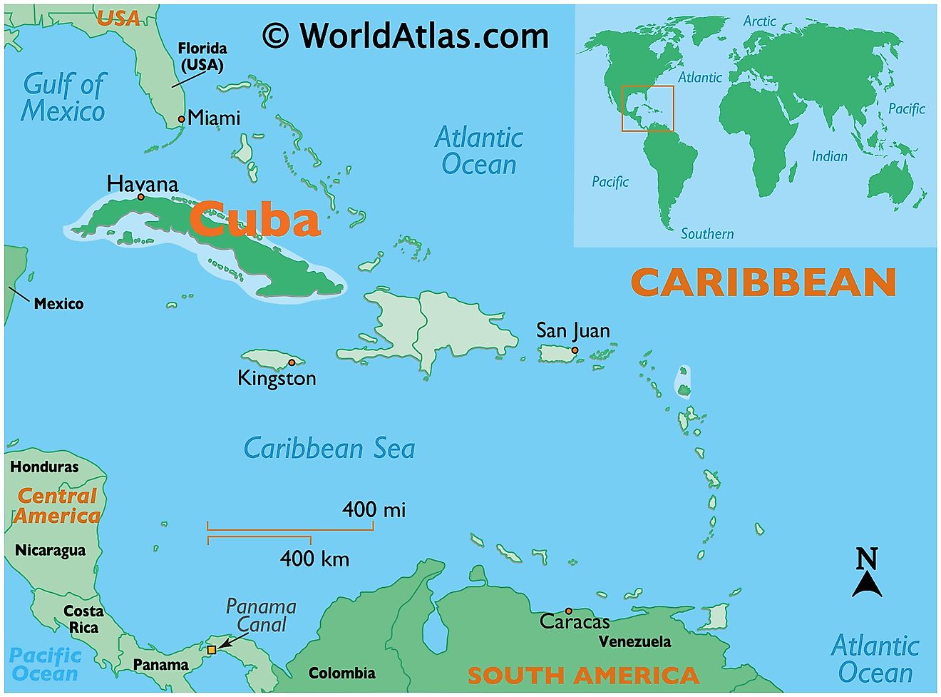 Map showing location of Cuba in the world.