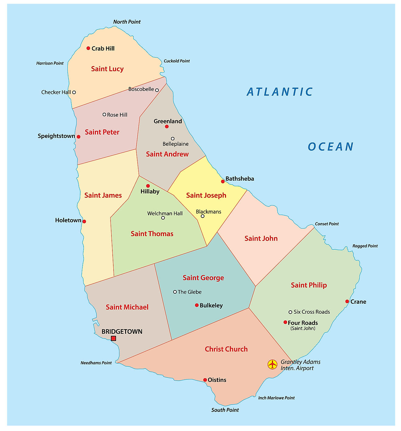 Political Map of Barbados showing its 11 parishes and the capital city of Bridgetown
