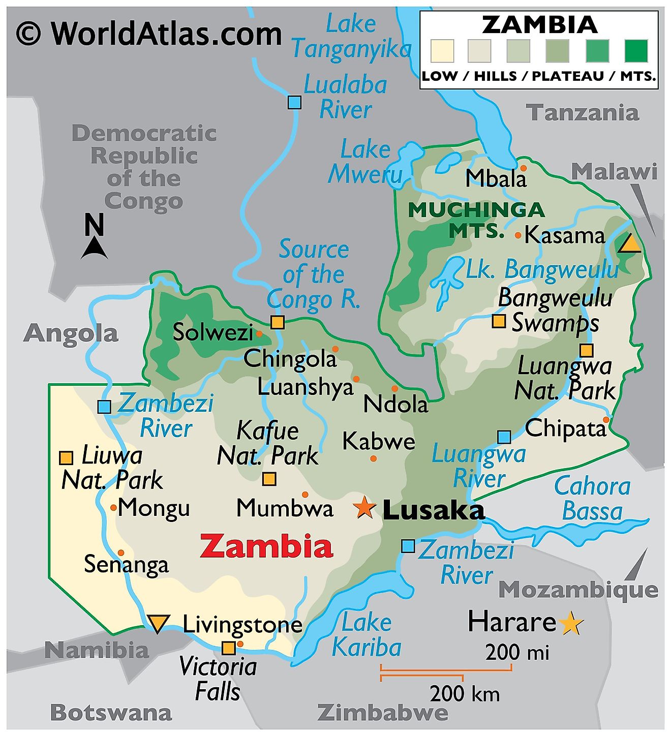 Physical Map of Zambia. It shows the physical features of Zambia including the major mountain ranges, rivers, lakes, and other natural features.