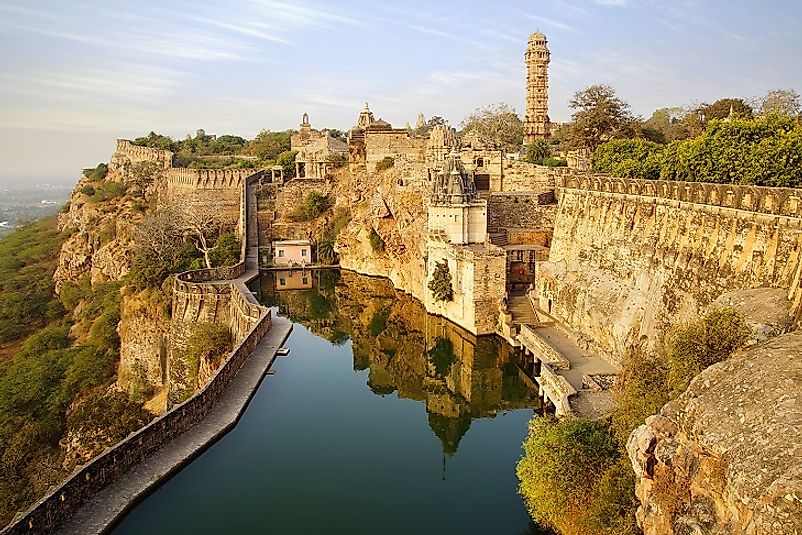 Majestic Chittorgarh Fort upon its Rajasthan, India hillside perch.