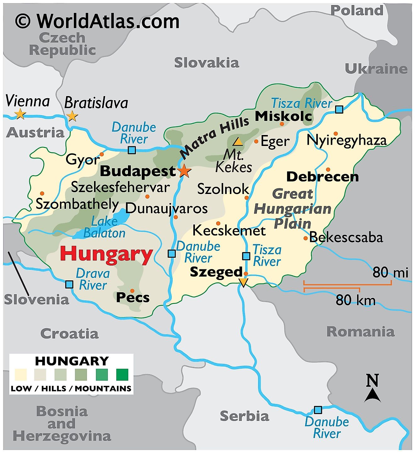 Physical Map of Hungary showing terrain, mountains, extreme points, major rivers, Lake Balaton, important cities, international boundaries, etc.