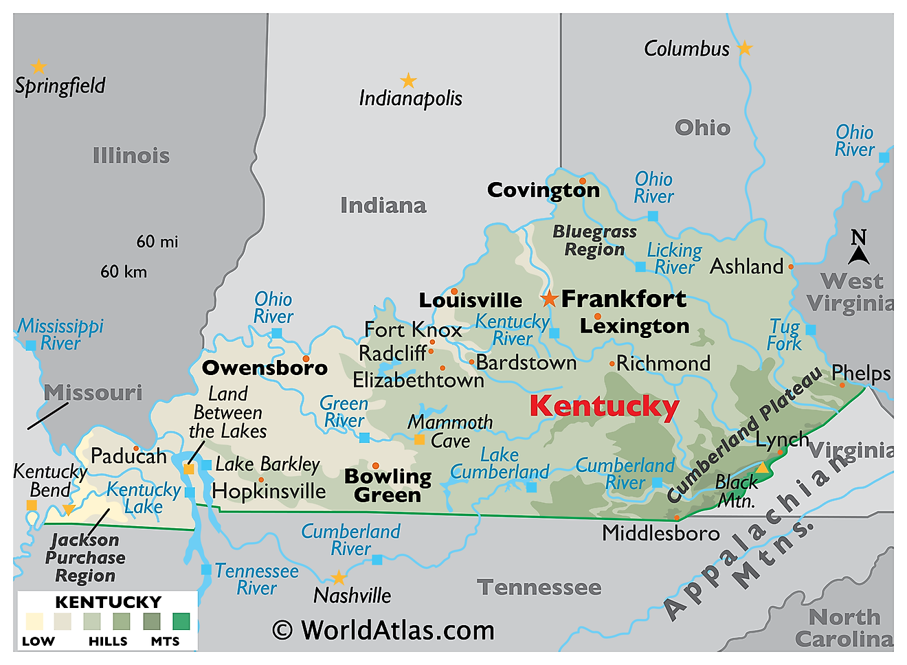 Physical Map of Kentucky. It shows the physical features of Kentucky including its mountain ranges, rivers and major lakes. 
