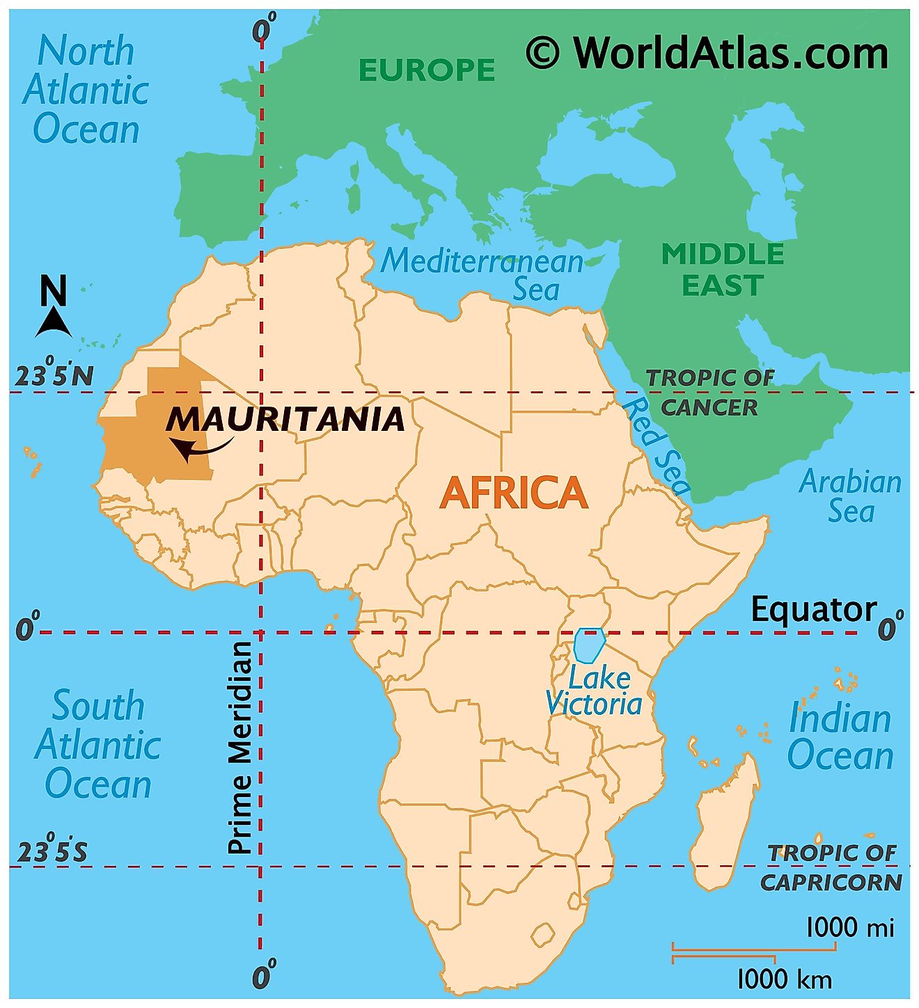 Map showing location of Mauritania in the world.