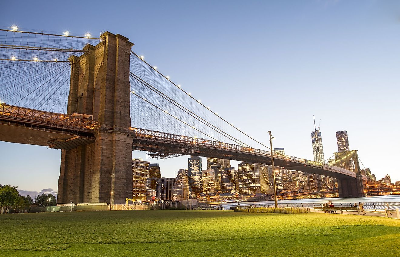 View of the Brooklyn Bridge from the Brooklyn Bridge Park in New York City.