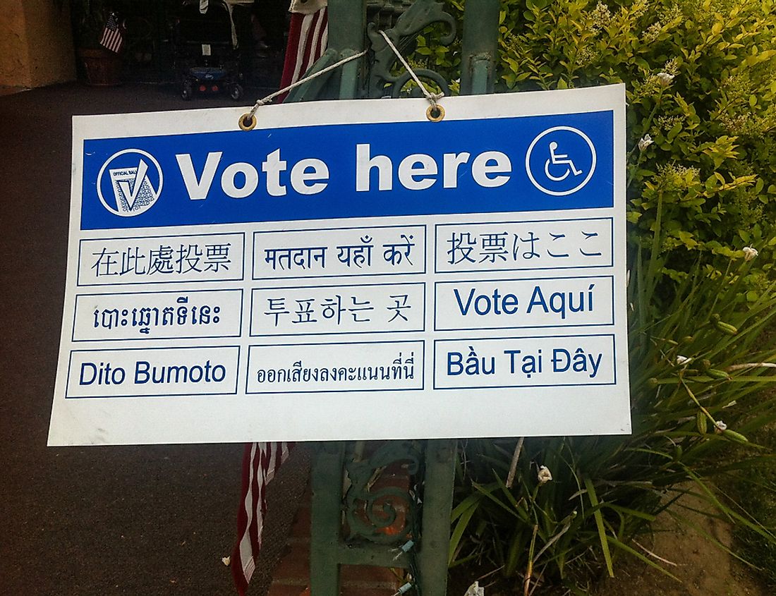 A voting sign in Los Angeles in multiple languages. Editorial credit: Underawesternsky / Shutterstock.com.