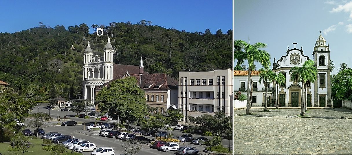 A modern Catholic church in Santa Catarina, Brazil (left), and a very old Catholic church in Olinda, Brazil (right).