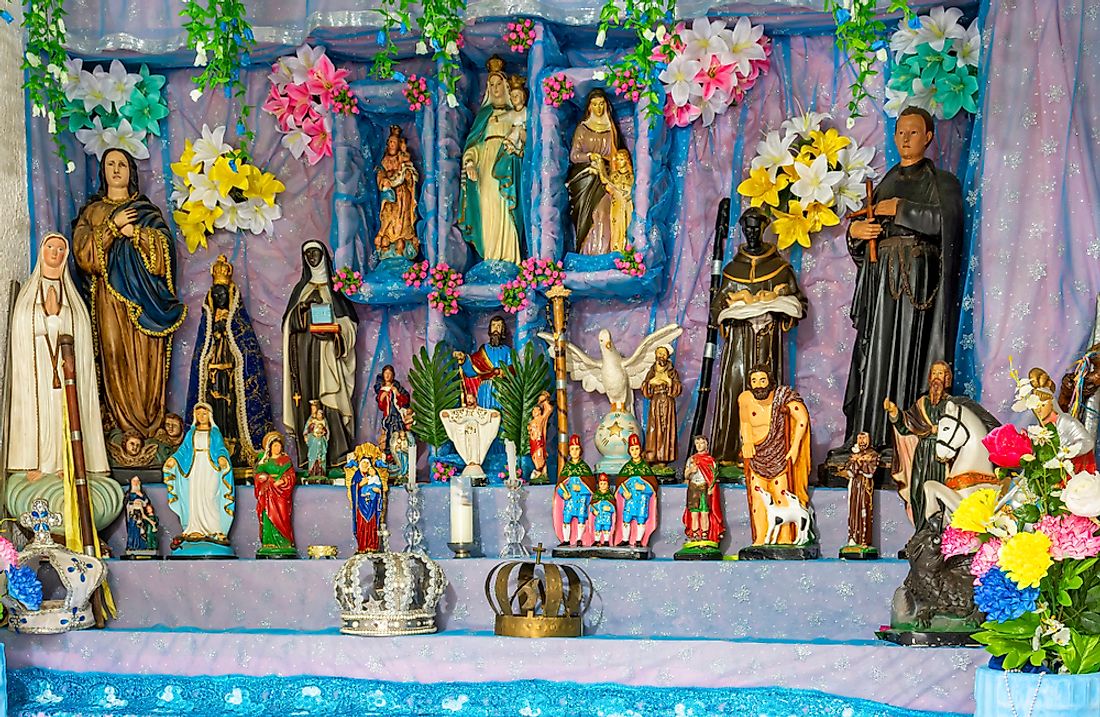 A religious alter in Brazil that mixes elements of many different world religions. 