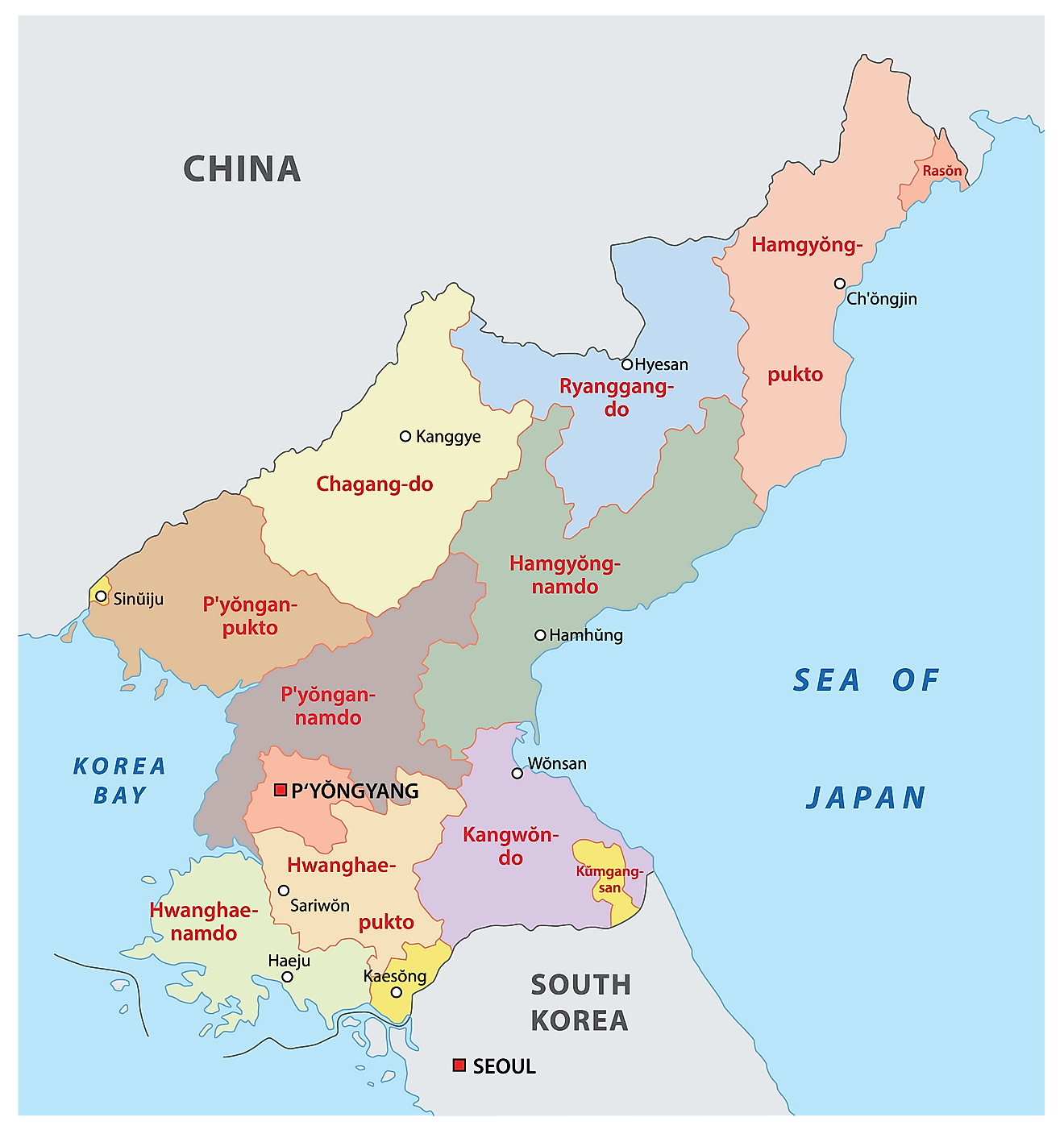 Political Map of North Korea showing the 9 provinces and 3 cities including the national capital of P’yongyang.